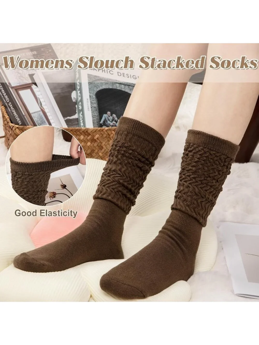 🧦Women's Black Brown 4 Pairs Slouchy Socks Boot Long Knee High Slouch Socks